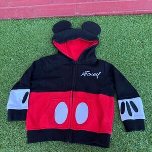 Disney Parks Mickey Mouse Hoodie Zip Up Red Black Character Ears Toddler Size 2T